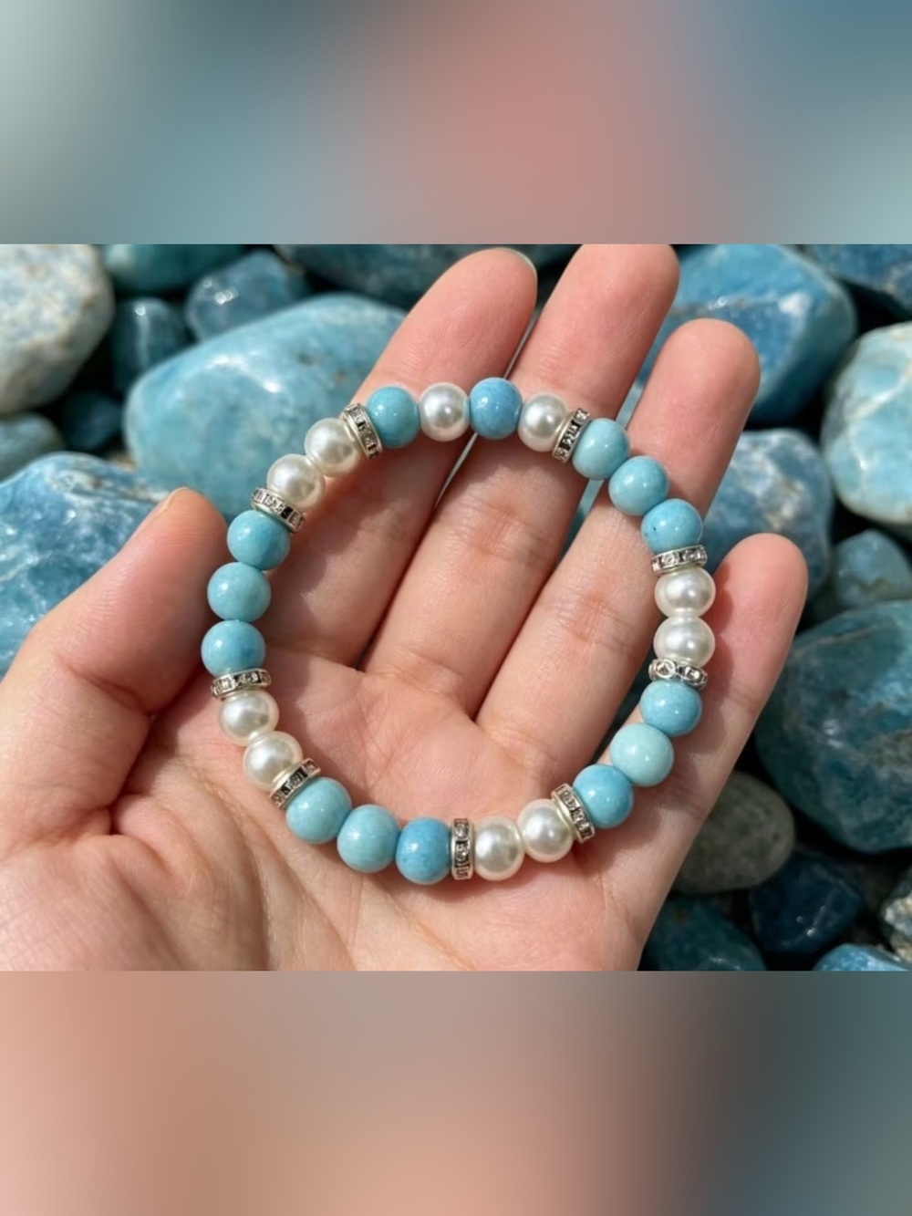 Pearl and Aqua Bead Stretch Bracelet